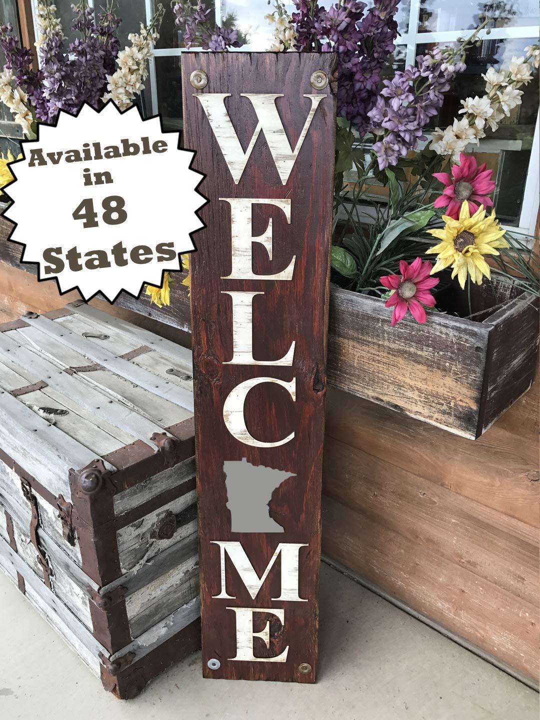 Minnesota state sign welcome farm river rock white lettering on distressed wood