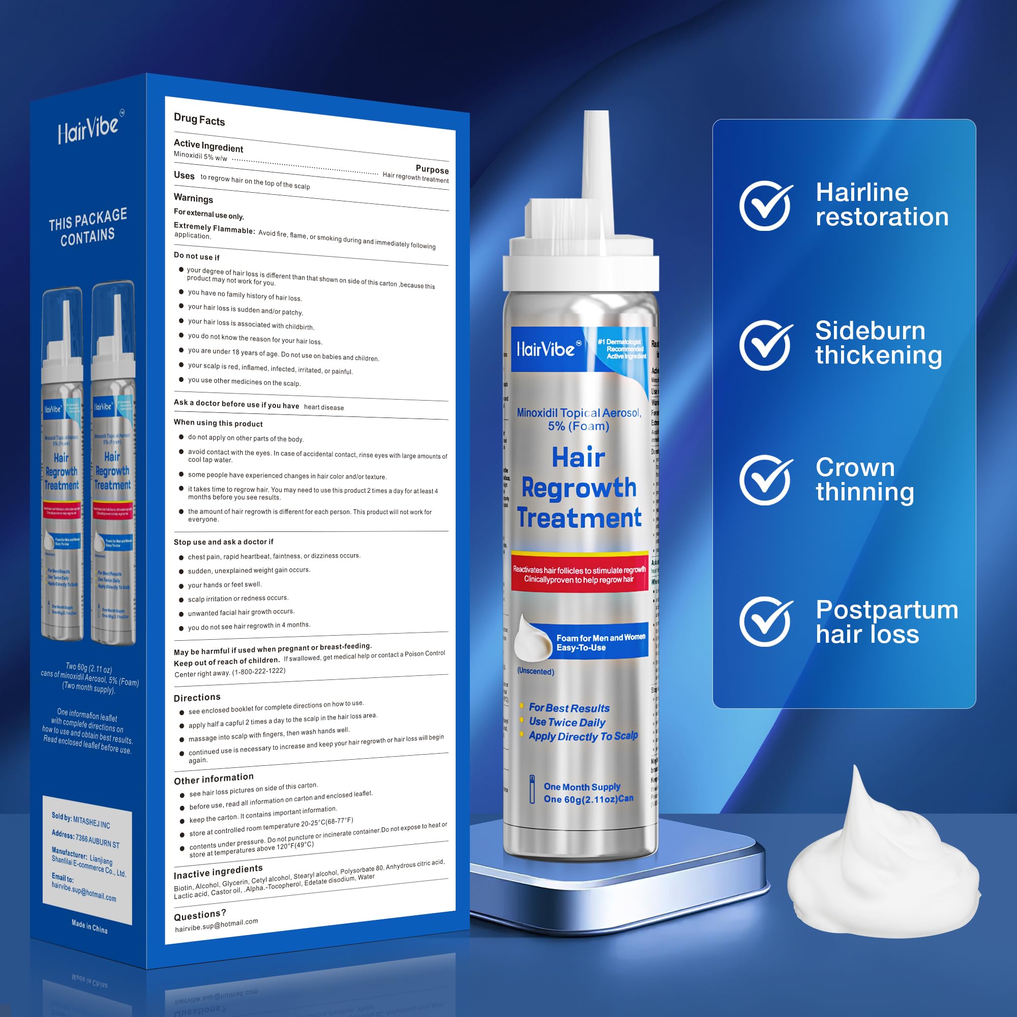 HairVibe Minoxidil Foam product packaging highlighting biotin