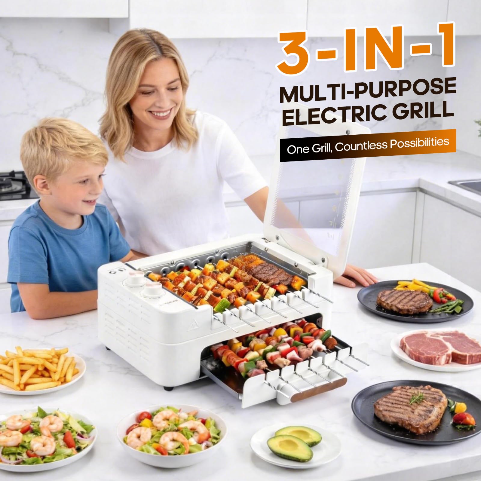 1000W smokeless indoor grill with removable lid and nonstick plates