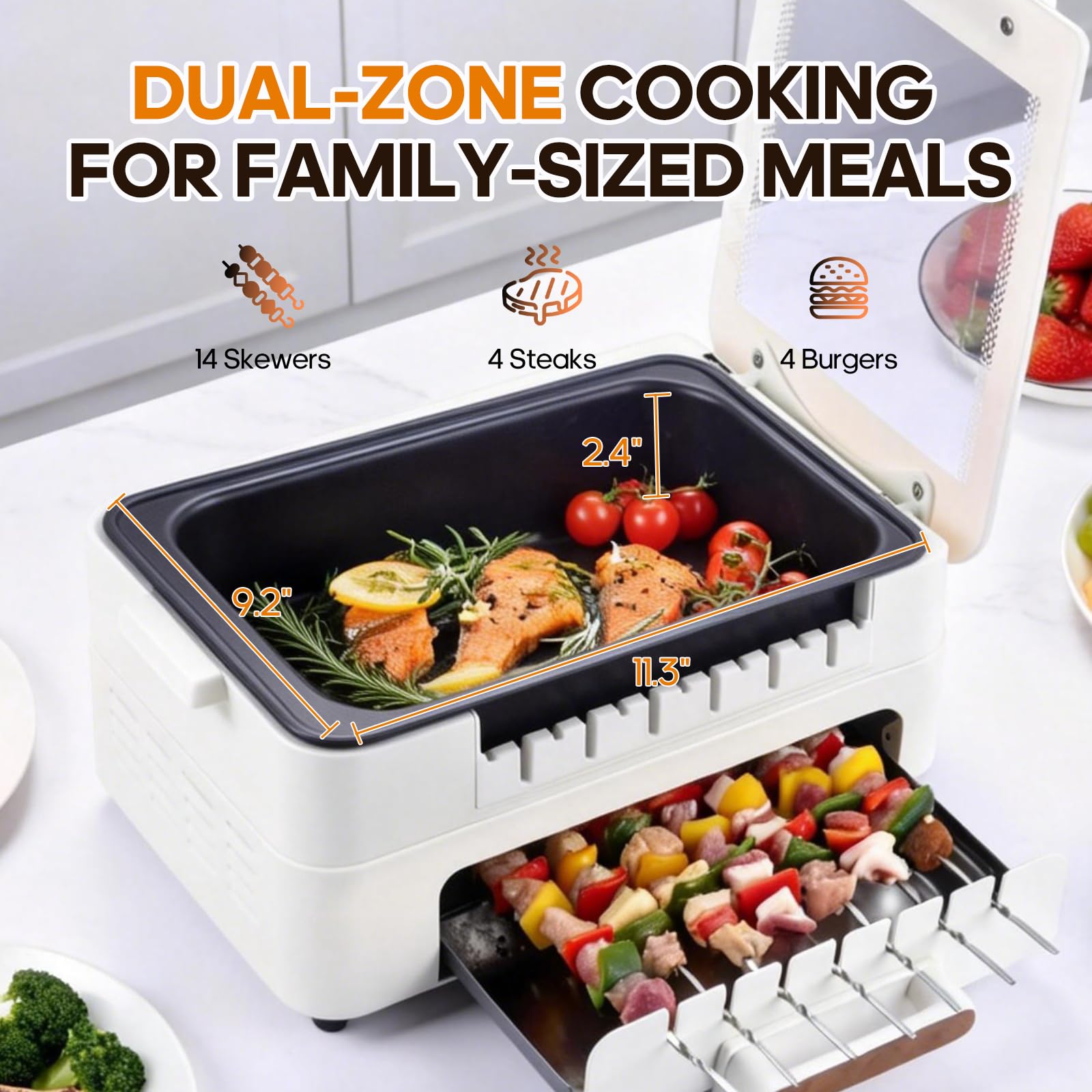 360° auto-rotating kebabs holds up to 14 skewers on MIOAOTCE grill