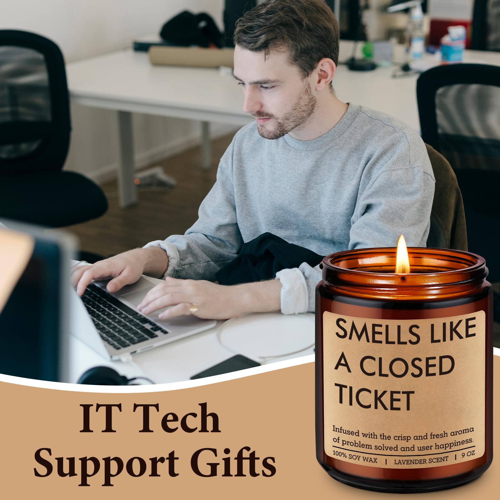 Candle labeled Smells Like a closed ticket