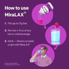 Unflavored grit-free MiraLAX powder dissolving in beverage