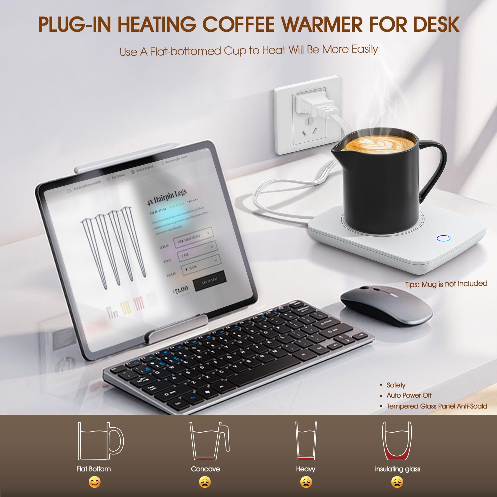 Desk coffee warmer with glass waterproof design for desk use