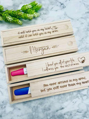 Wooden keepsake box measures 9 x 2.25 x 1.25 inches
