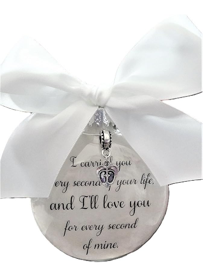 Miscarriage Memorial Ornament for Mothers with feather backdrop on glass