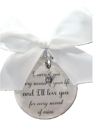 Miscarriage Memorial Ornament for Mothers with feather backdrop on glass