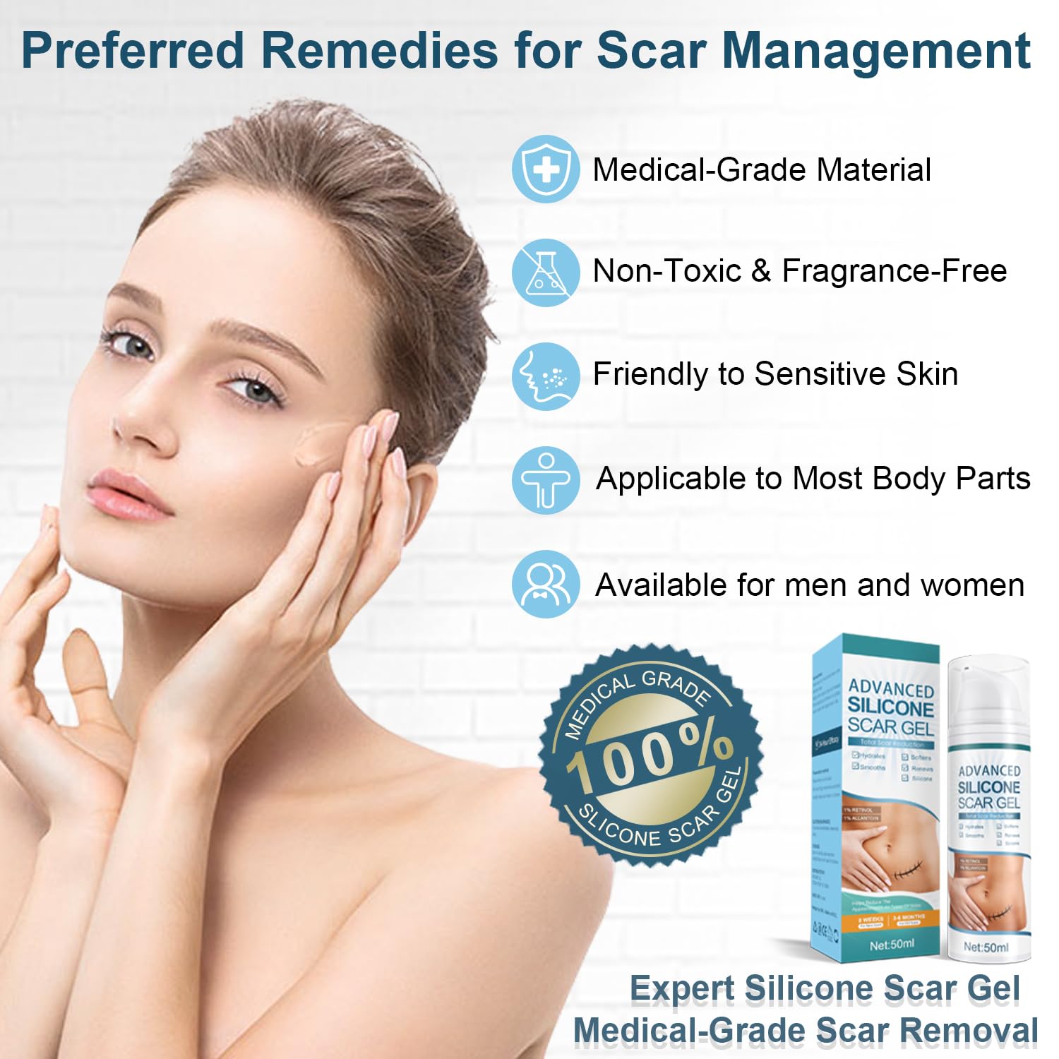 Mitgary silicone scar gel for new and old scars applied to skin