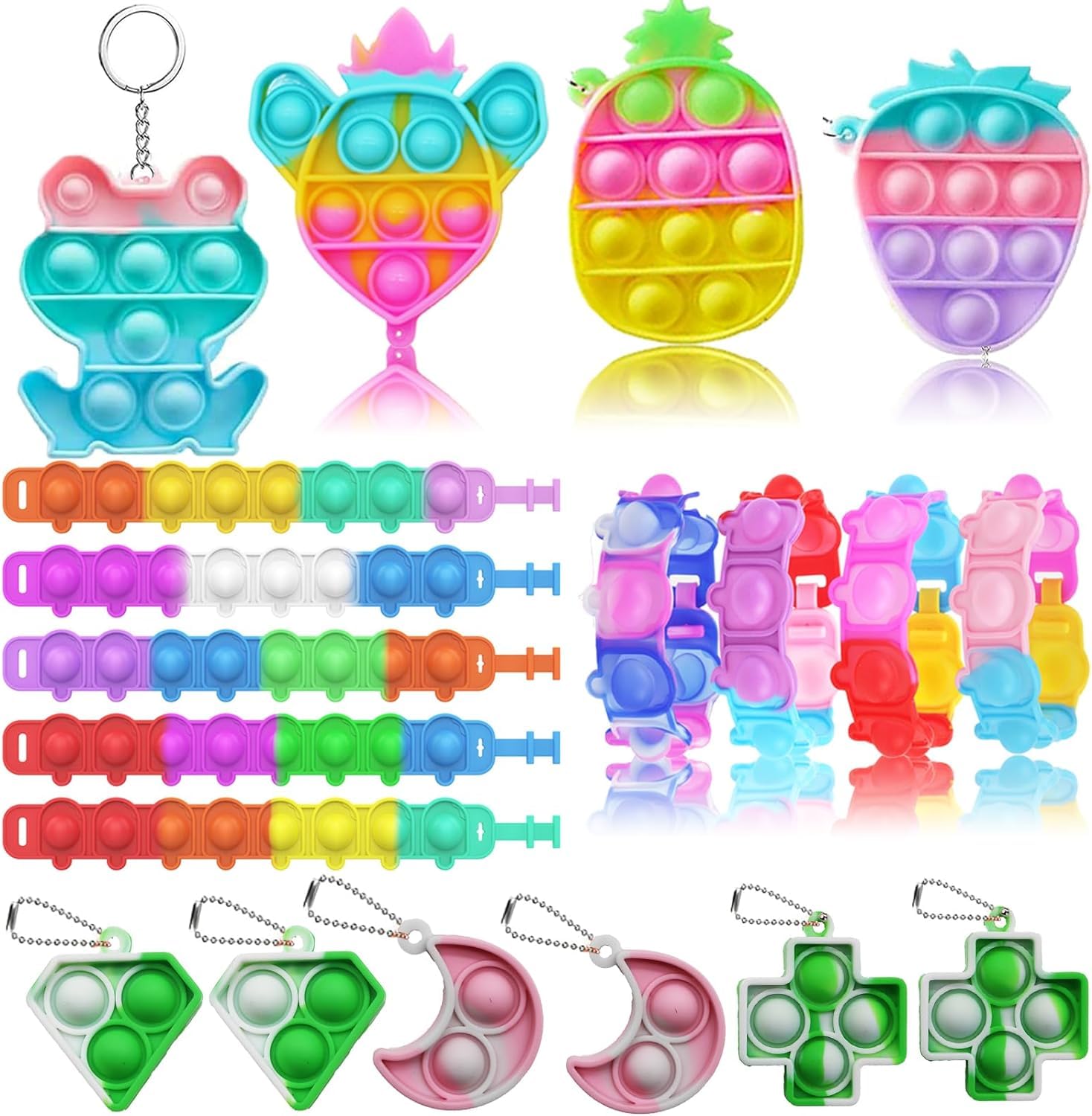 Pop fidget toys including bracelets and keychains