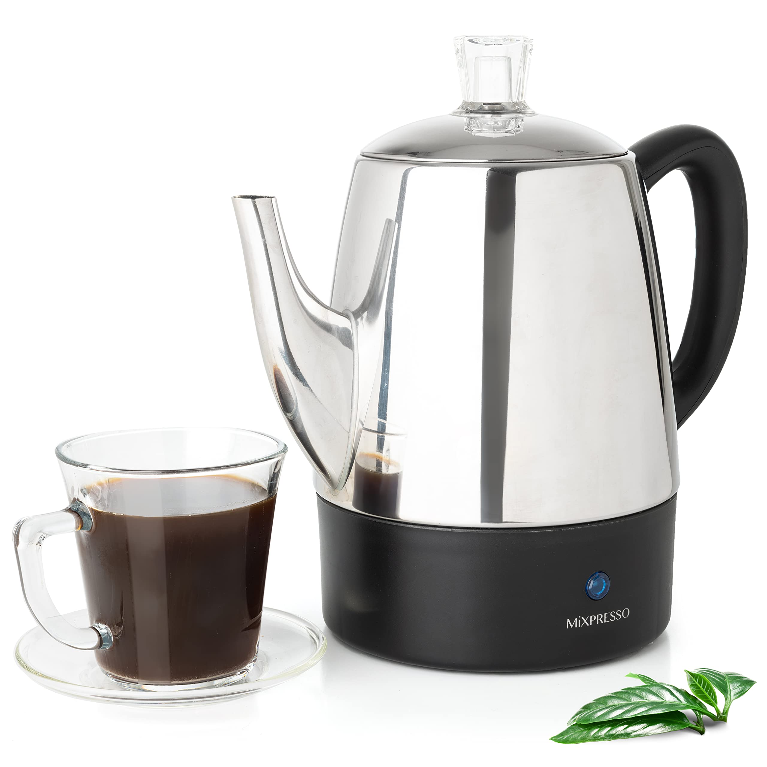 Mixpresso 4 Cup Small Electric Percolator Coffee Pot stainless steel front view