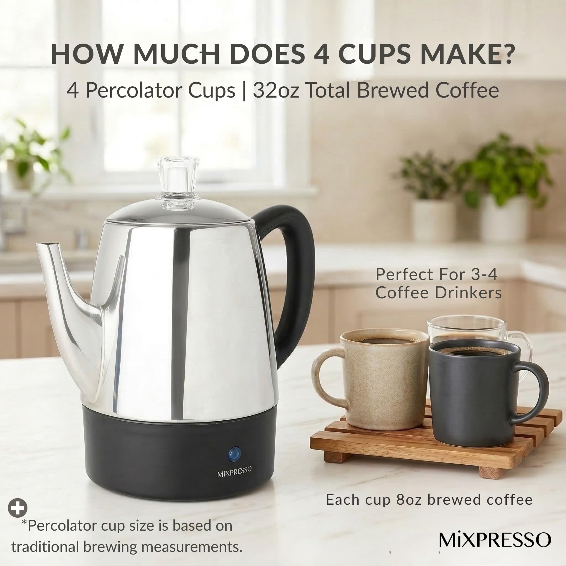 Mixpresso 4 cup percolator with detachable 24 inch power cord