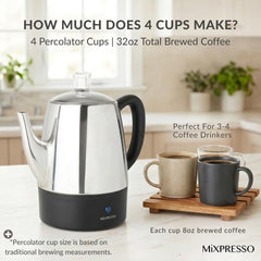 Mixpresso 4 cup percolator with detachable 24 inch power cord