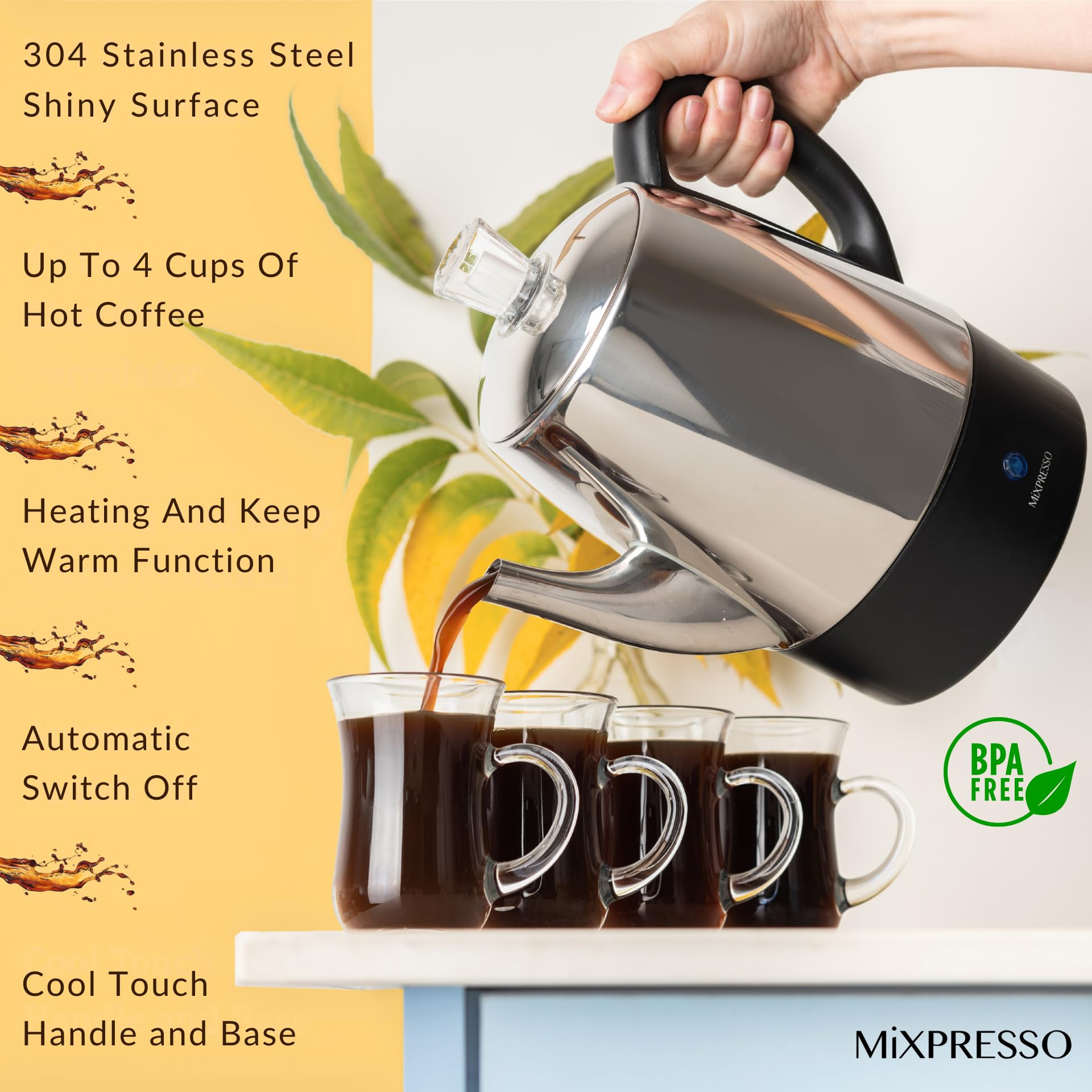 Mixpresso keep-warm function on electric percolator