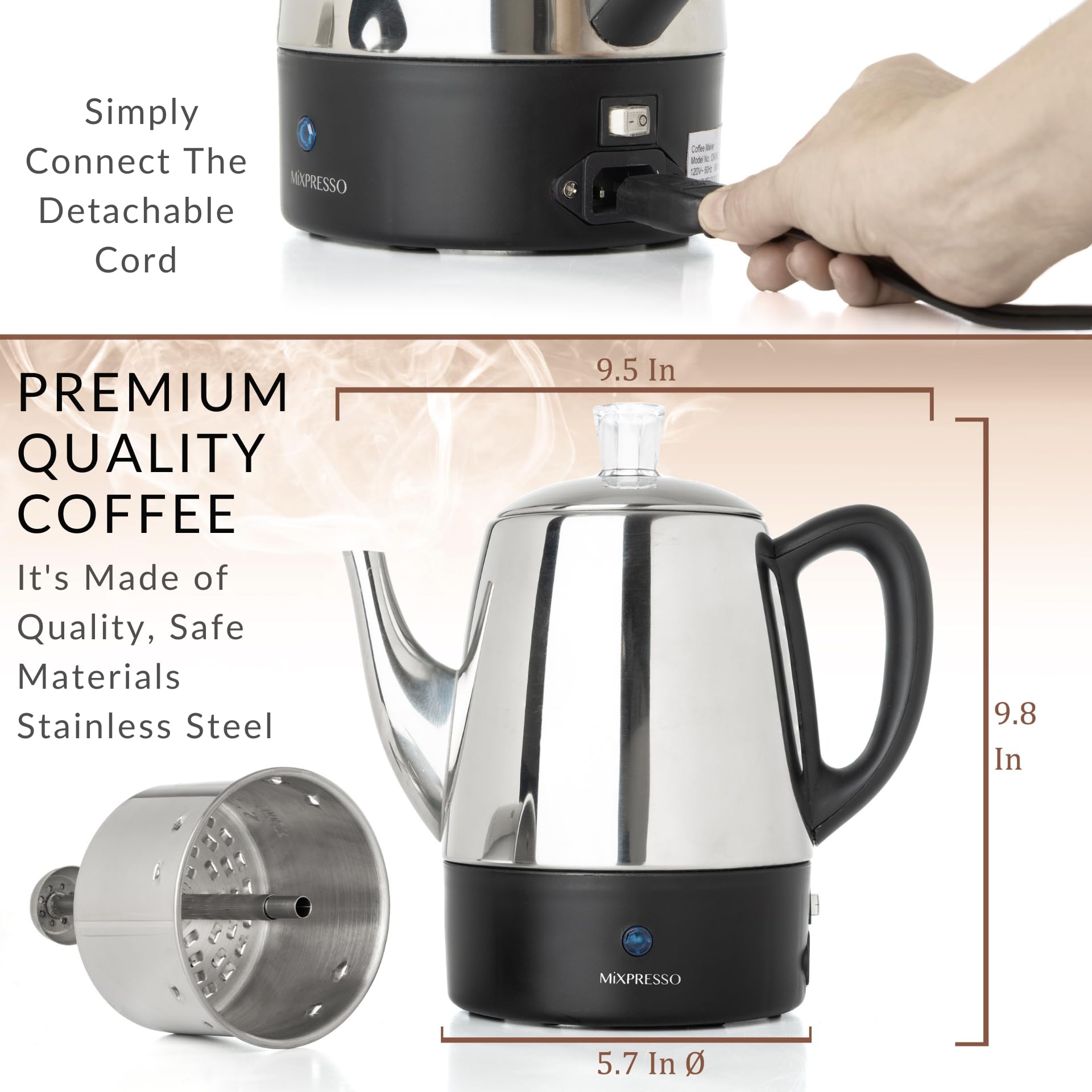 Close up of Mixpresso stainless steel percolator construction