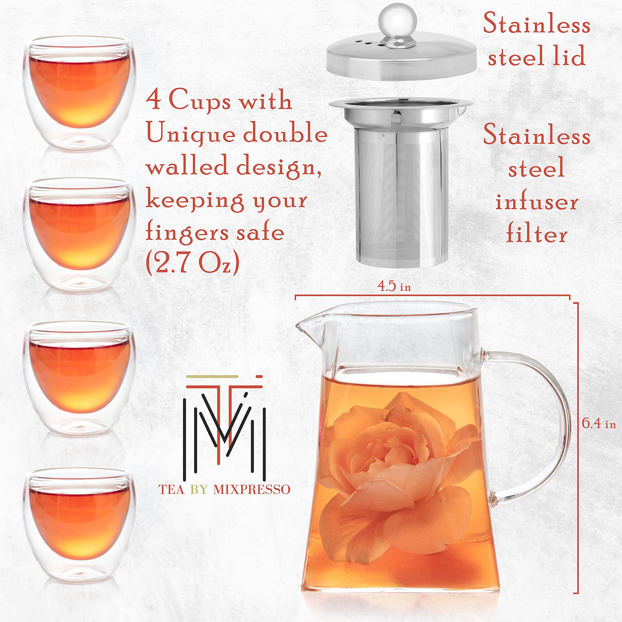 Mixpresso teapot with removable infuser and glass cups