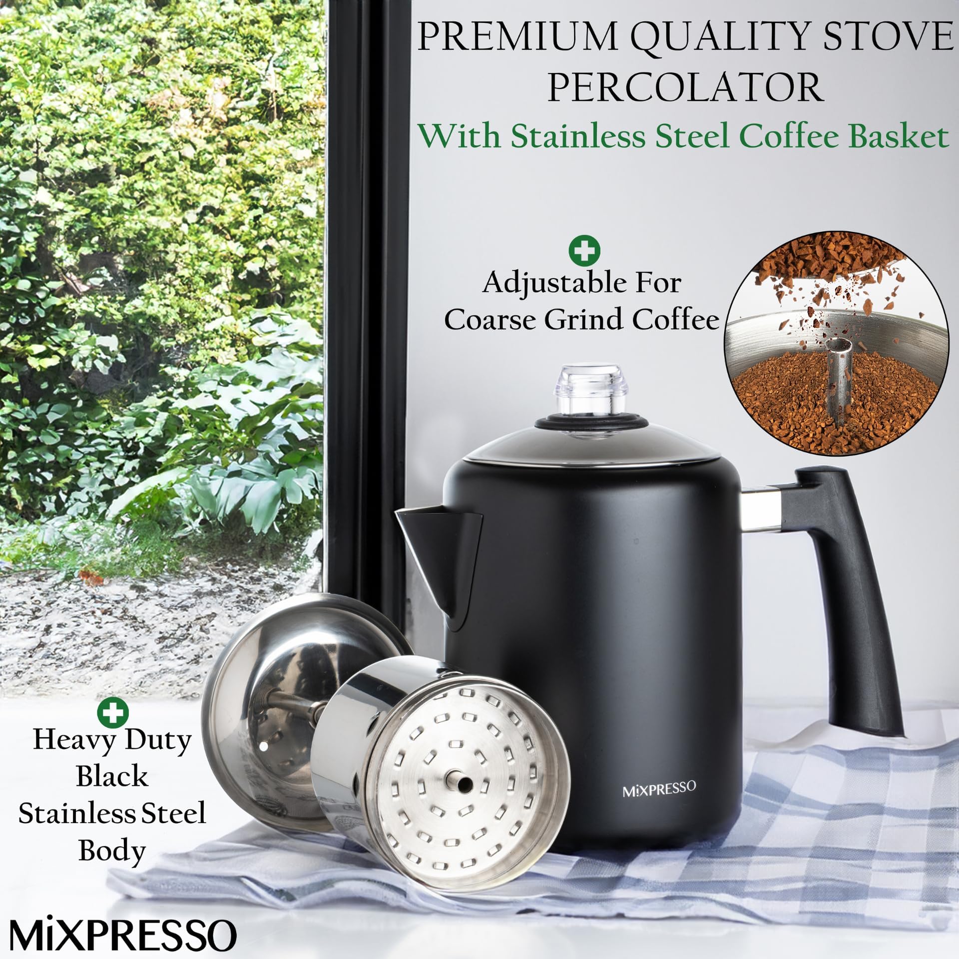 Polished stainless steel Mixpresso coffee pot with BPA-free knob