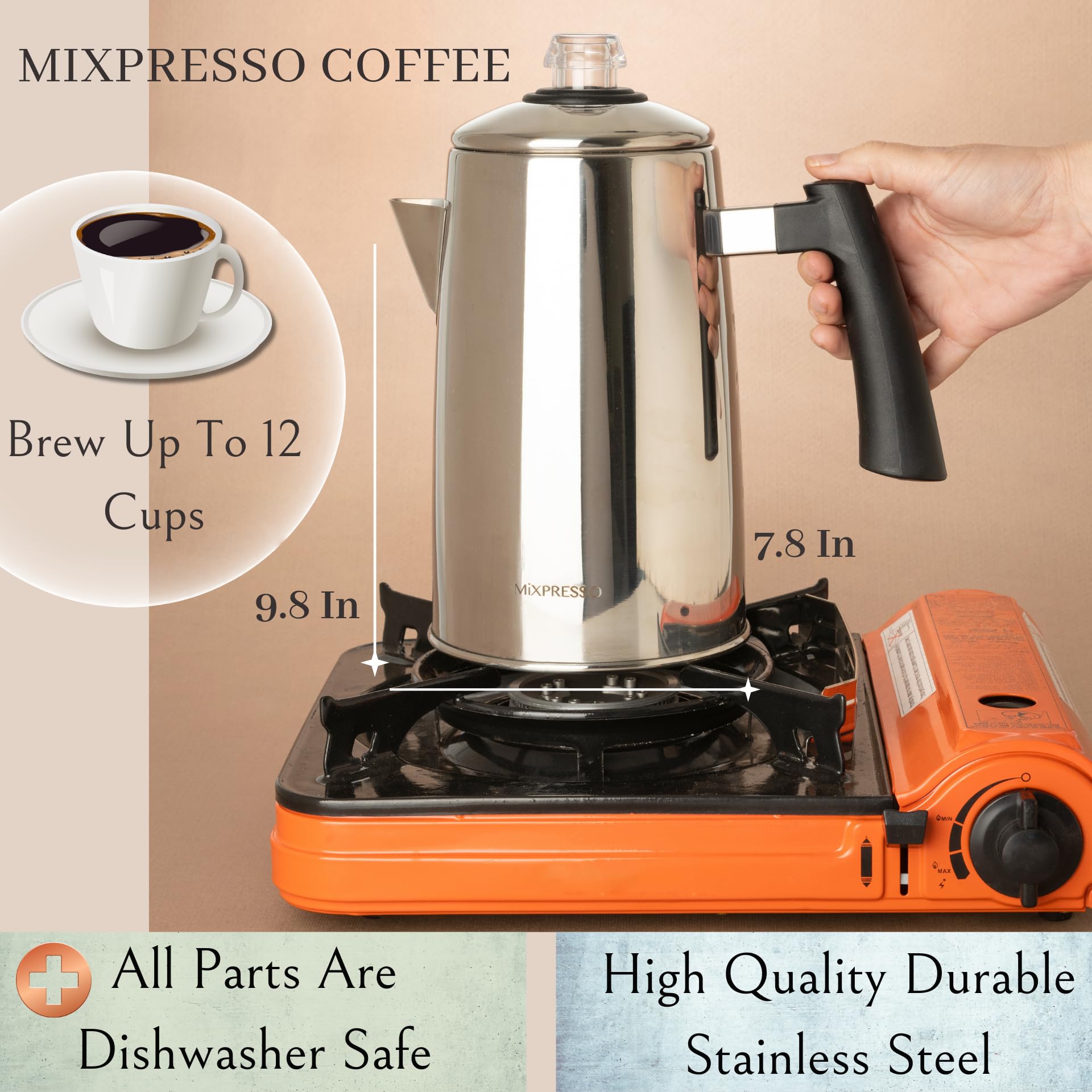 Stainless steel Mixpresso percolator with cool-touch handle