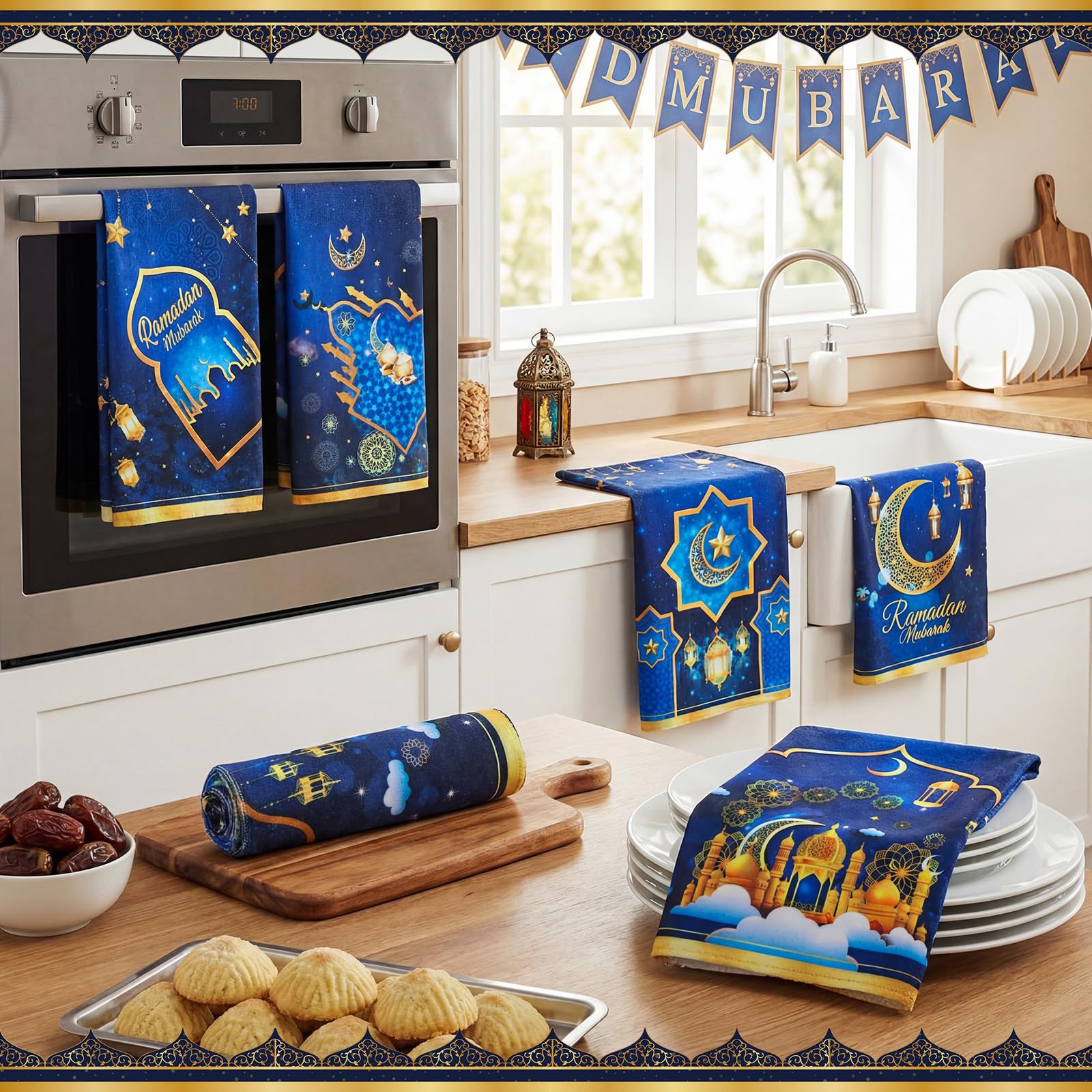 Ramadan Mubarak blue gold pattern kitchen towels close view