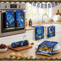 Ramadan Mubarak blue gold pattern kitchen towels close view
