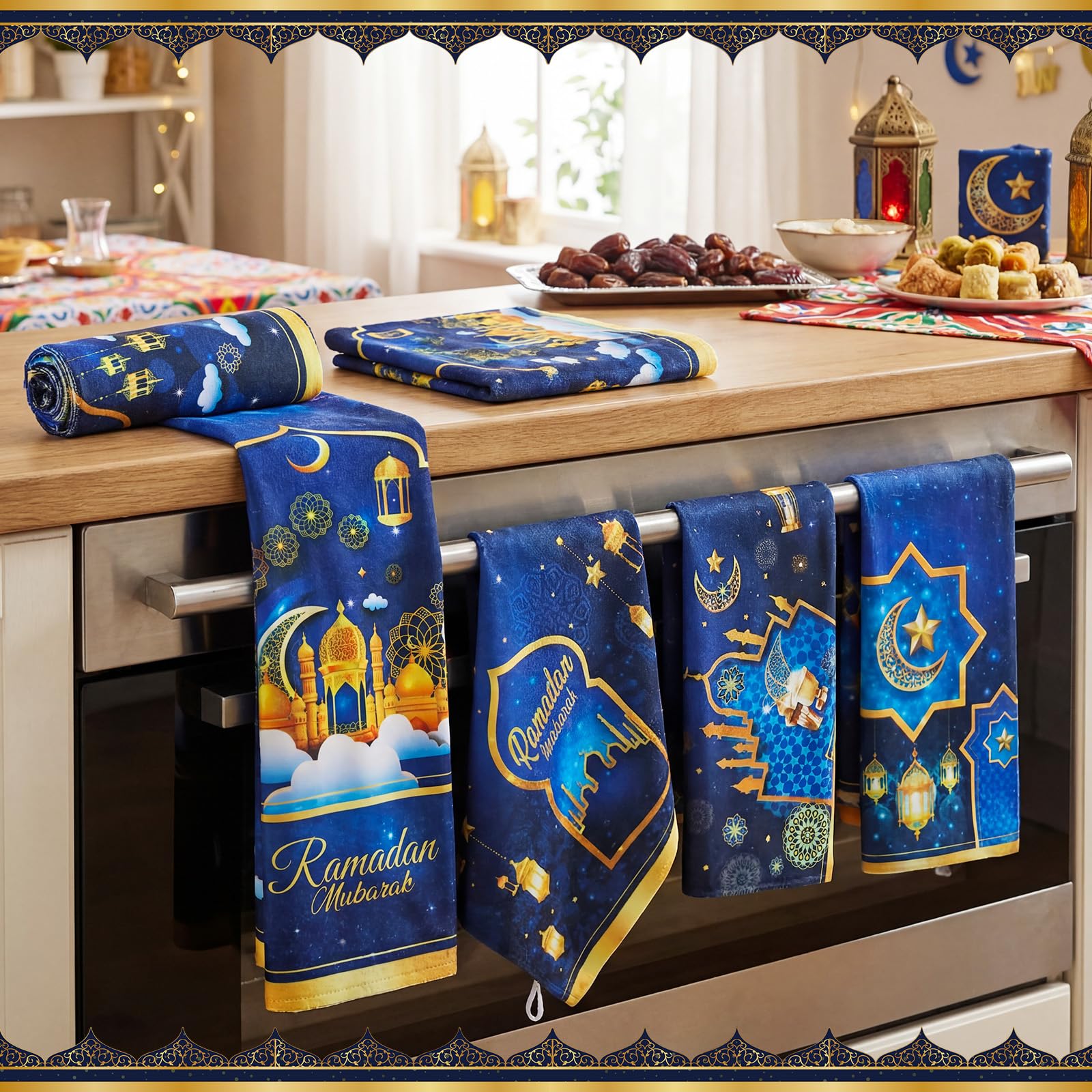 Festive blue and gold kitchen towels for Ramadan and Eid al Fitr