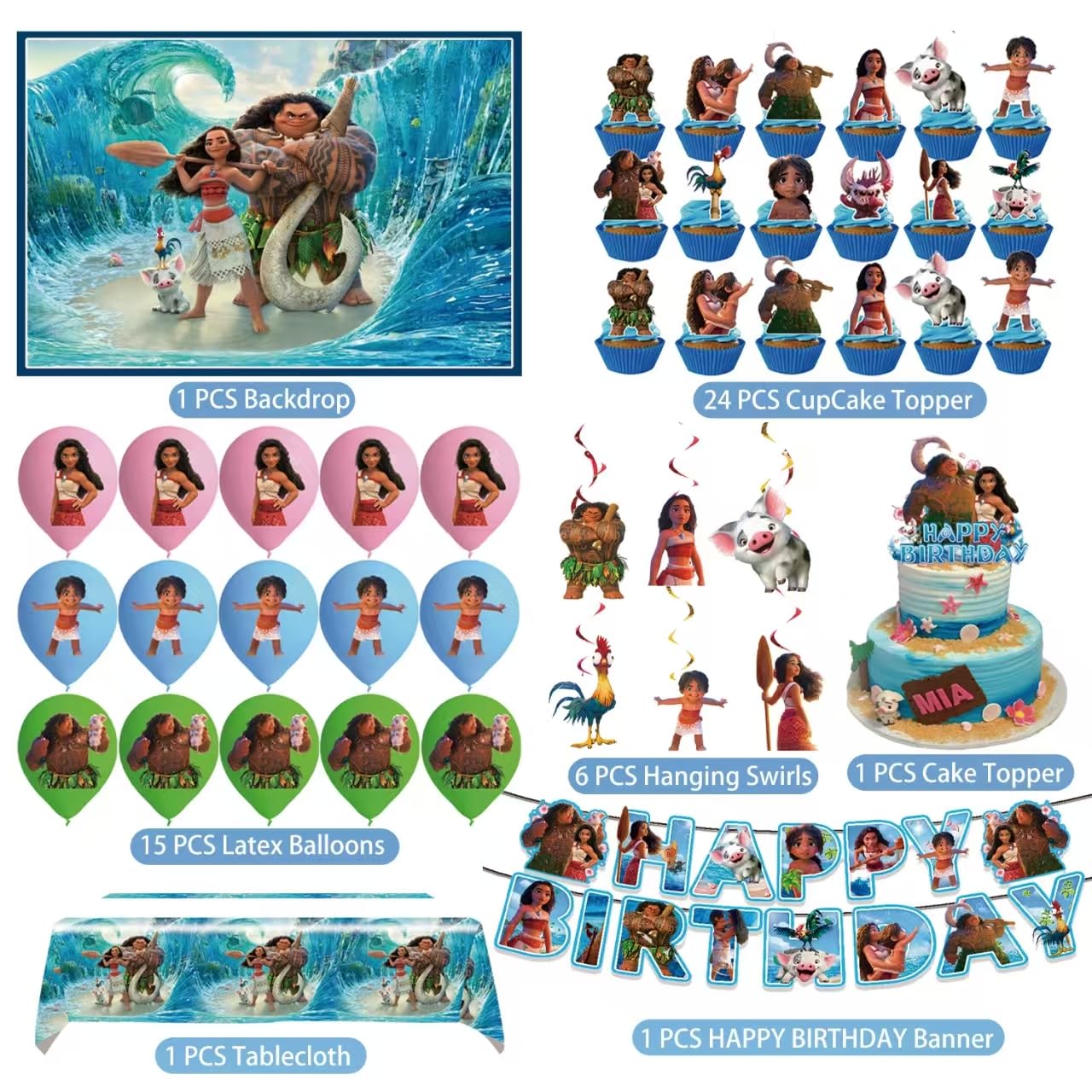 Moana party decorations kit includes banner backdrop tablecloth and toppers