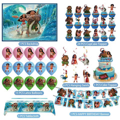 Moana party decorations kit includes banner backdrop tablecloth and toppers