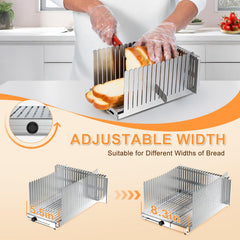 Adjustable width bread slicer fits loaves 5.5 to 8.3 inches