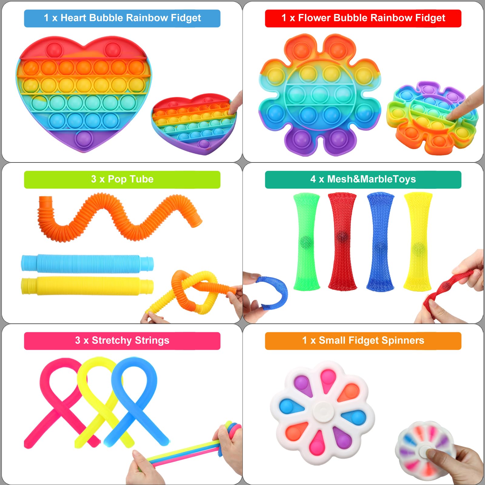Pop tube and plastic mini spinners from fidget pack