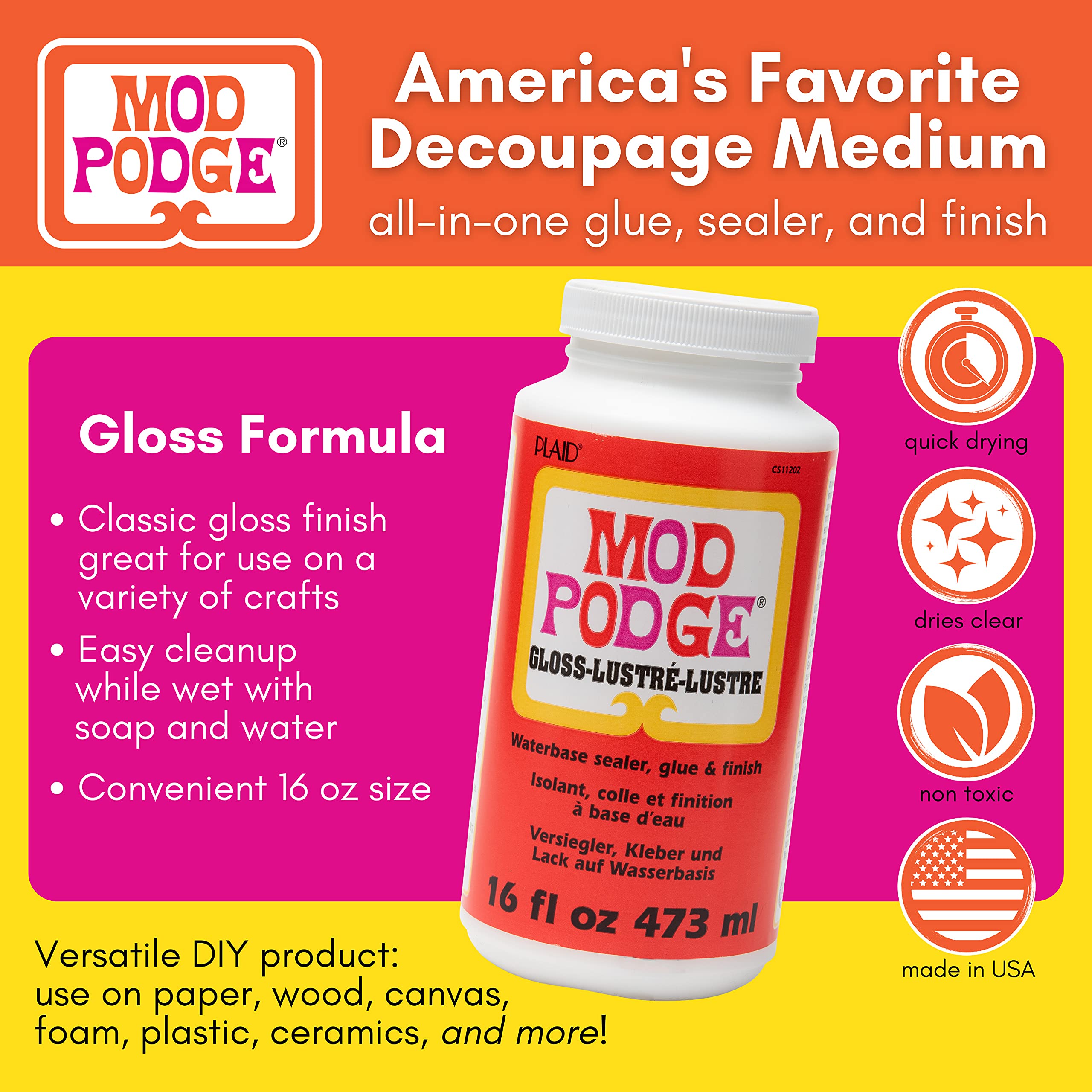 USA-made Mod Podge Gloss Sealer Glue & Finish packaging close up