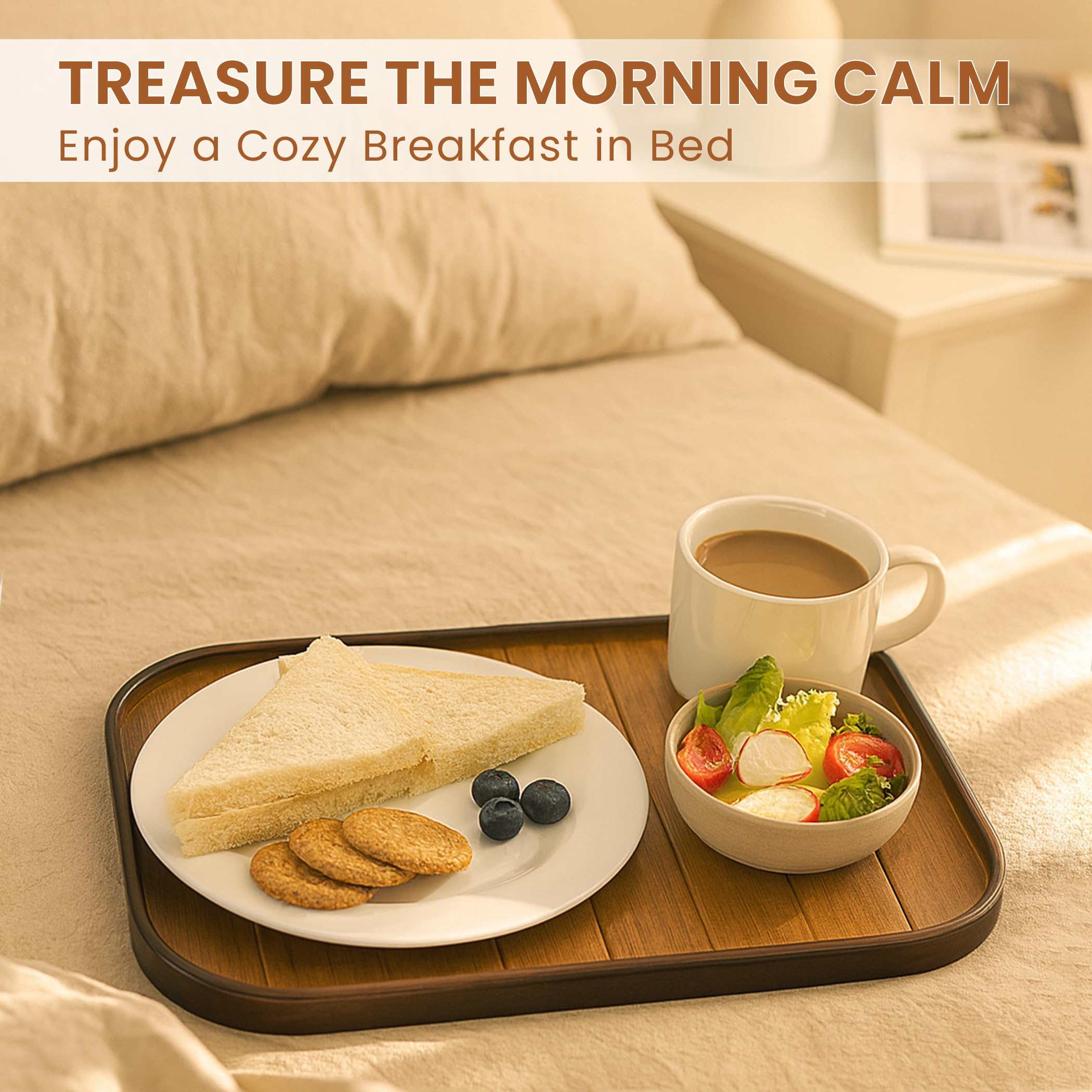 Large rectangular wood serving tray used for breakfast