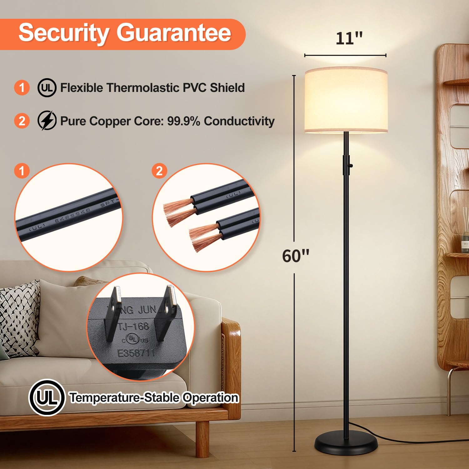 Dimmable floor lamp with energy-saving LED bulb 3000K