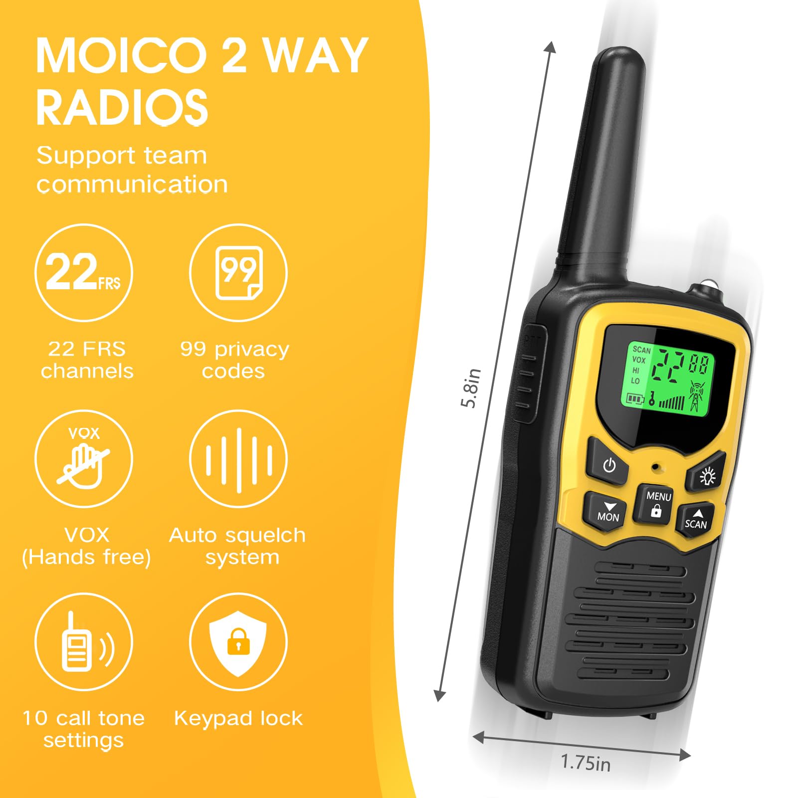 MOICO walkie talkies bold green back-lit LCD display