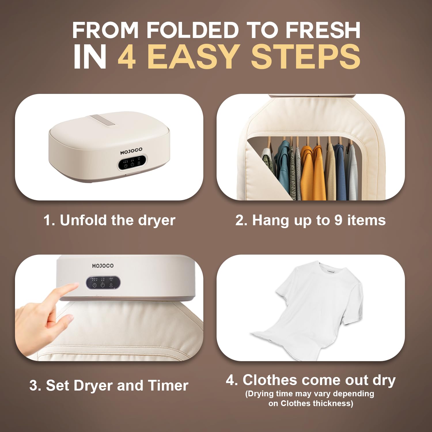 Energy efficient MOJOCO portable dryer for small spaces