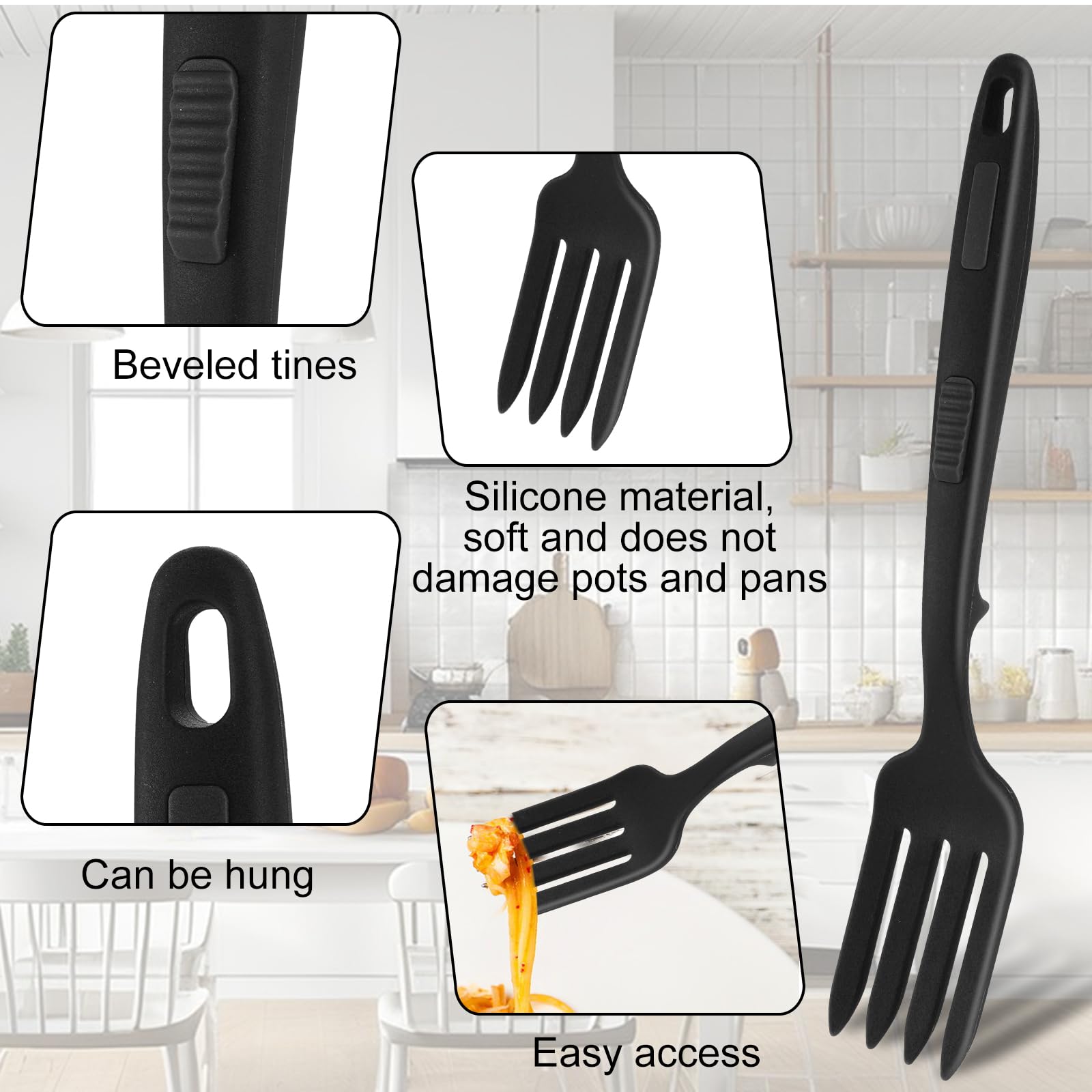 Beveled tip conforms to pan surfaces silicone fork