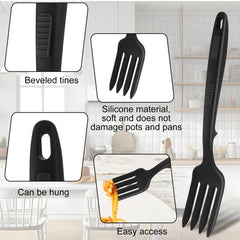 Beveled tip conforms to pan surfaces silicone fork