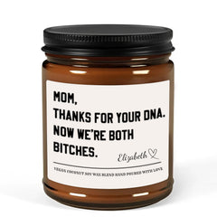 mom dna candle with customizable name on frosted glass jar