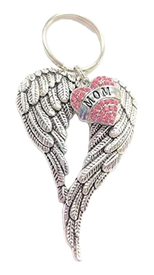 Mom Memorial Angel Wings Keychain with Pink Rhinestone Heart