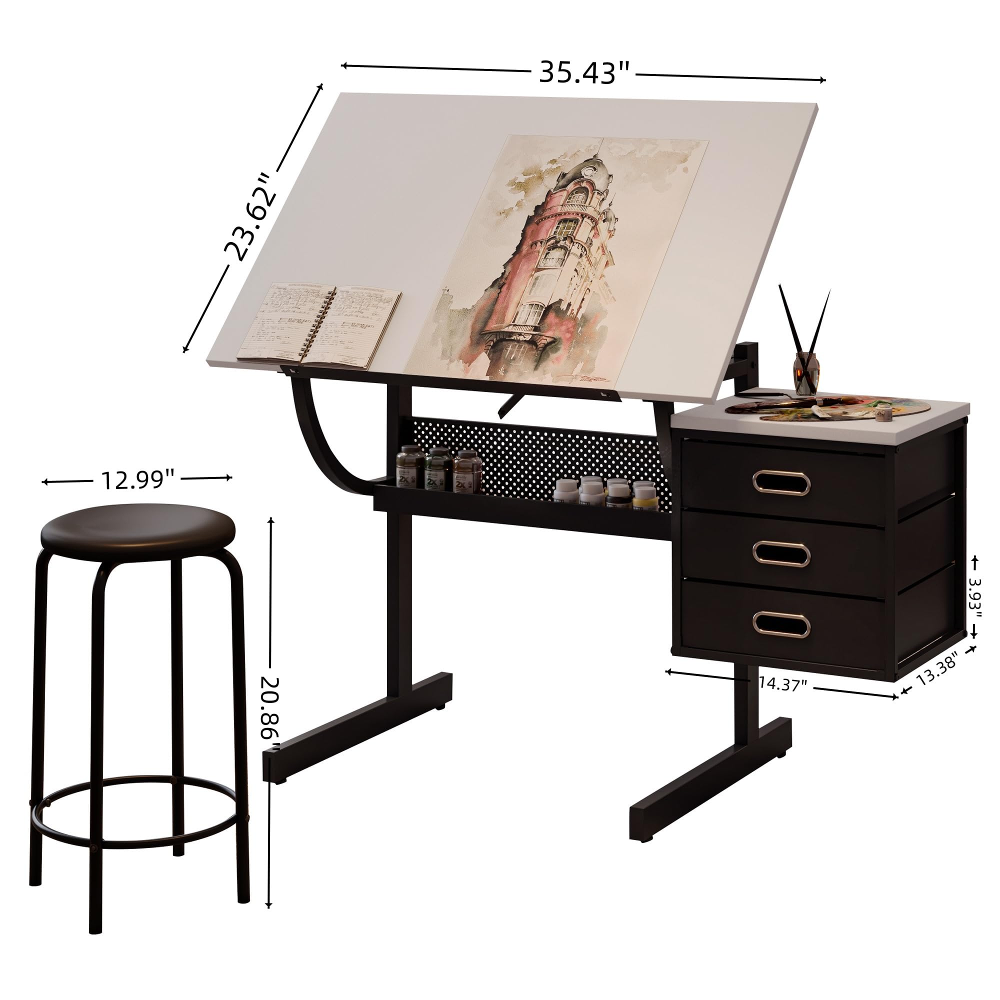 MOMONITOR drafting table with stool and three drawers
