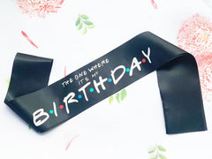 MONBISTY birthday sash black satin 33in long