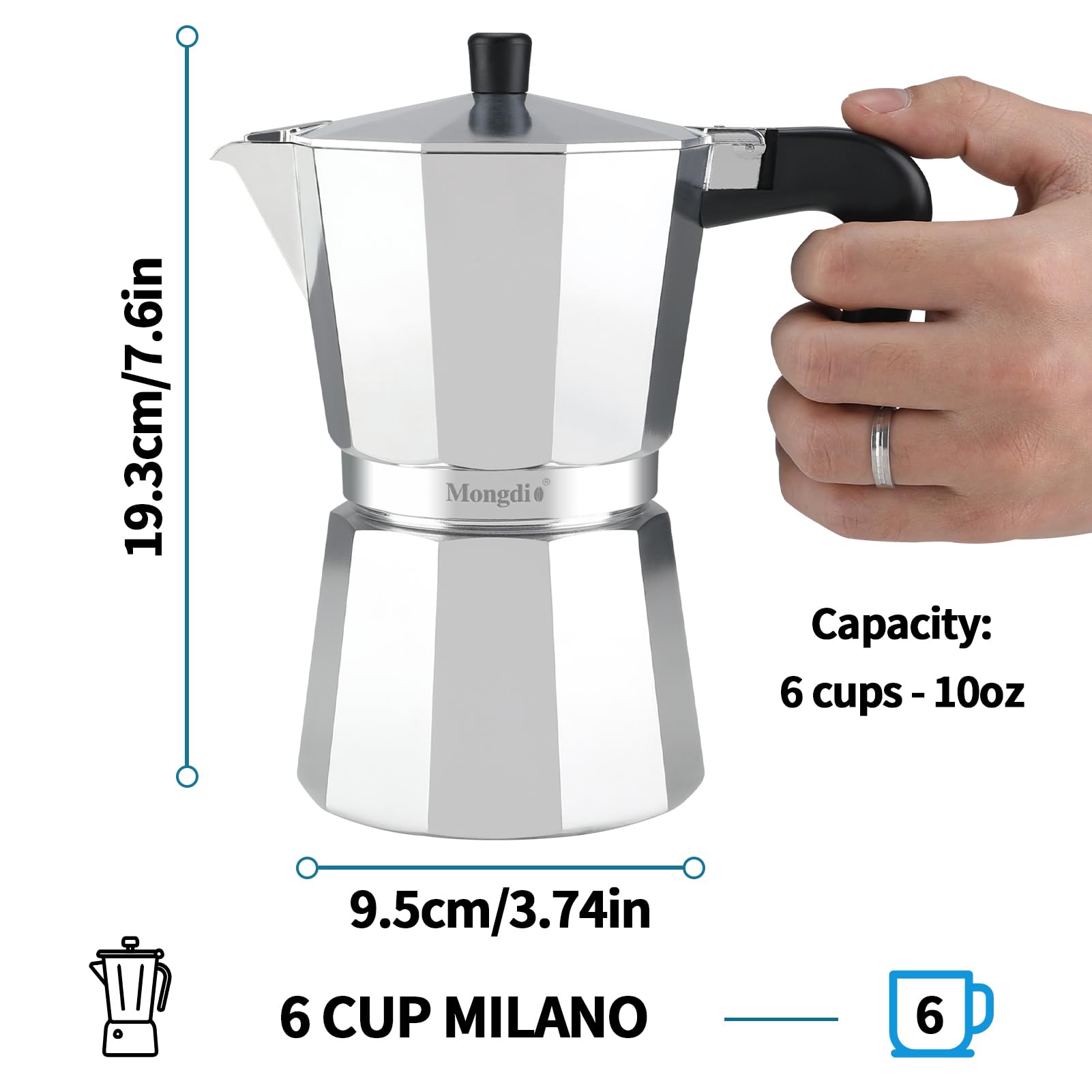 Mongdio silver stovetop espresso pot with handle