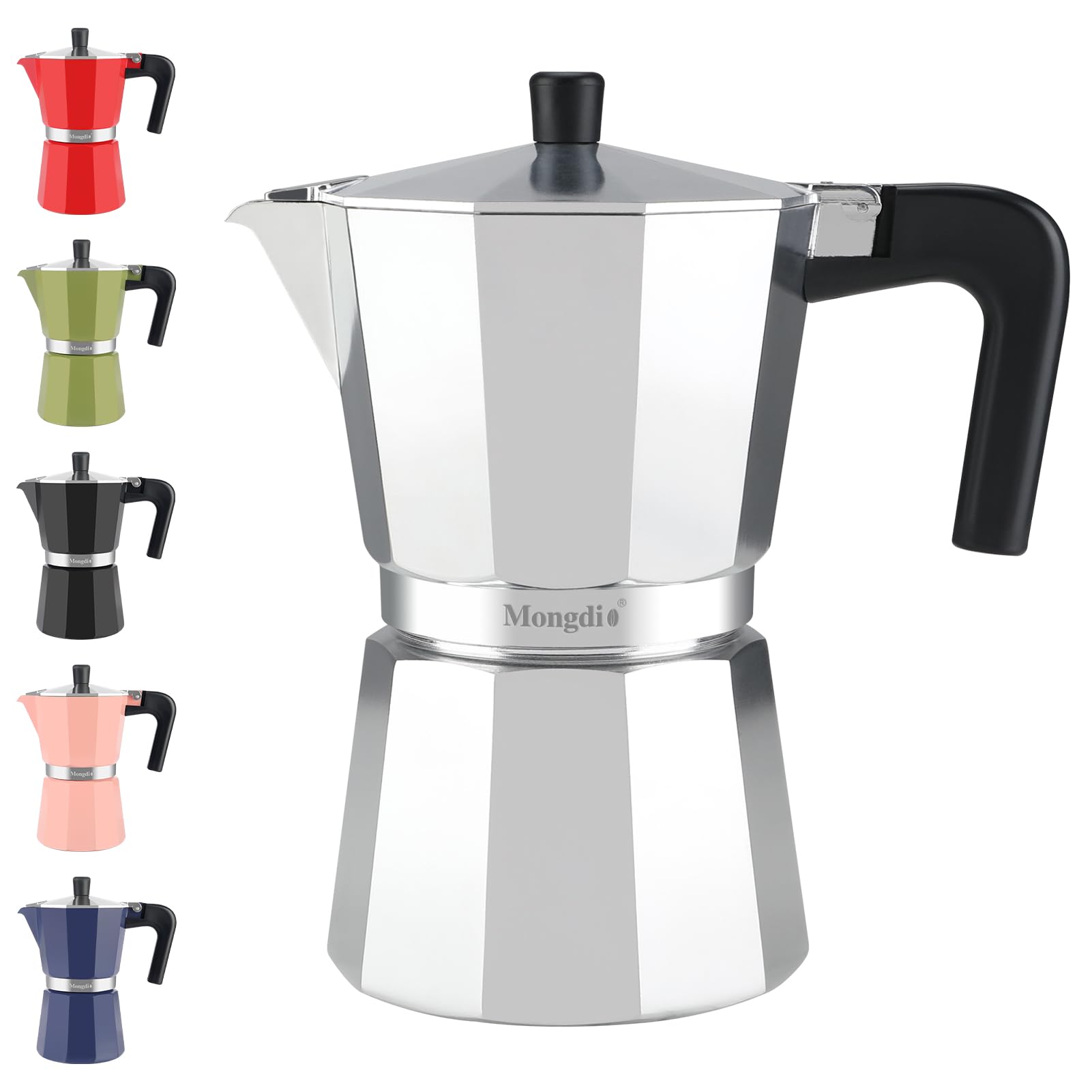 Mongdio stovetop espresso maker on kitchen counter