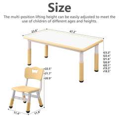 adjustable table height 18.9 to 23.6 inches and chair height 20.8 to 22.4 inches