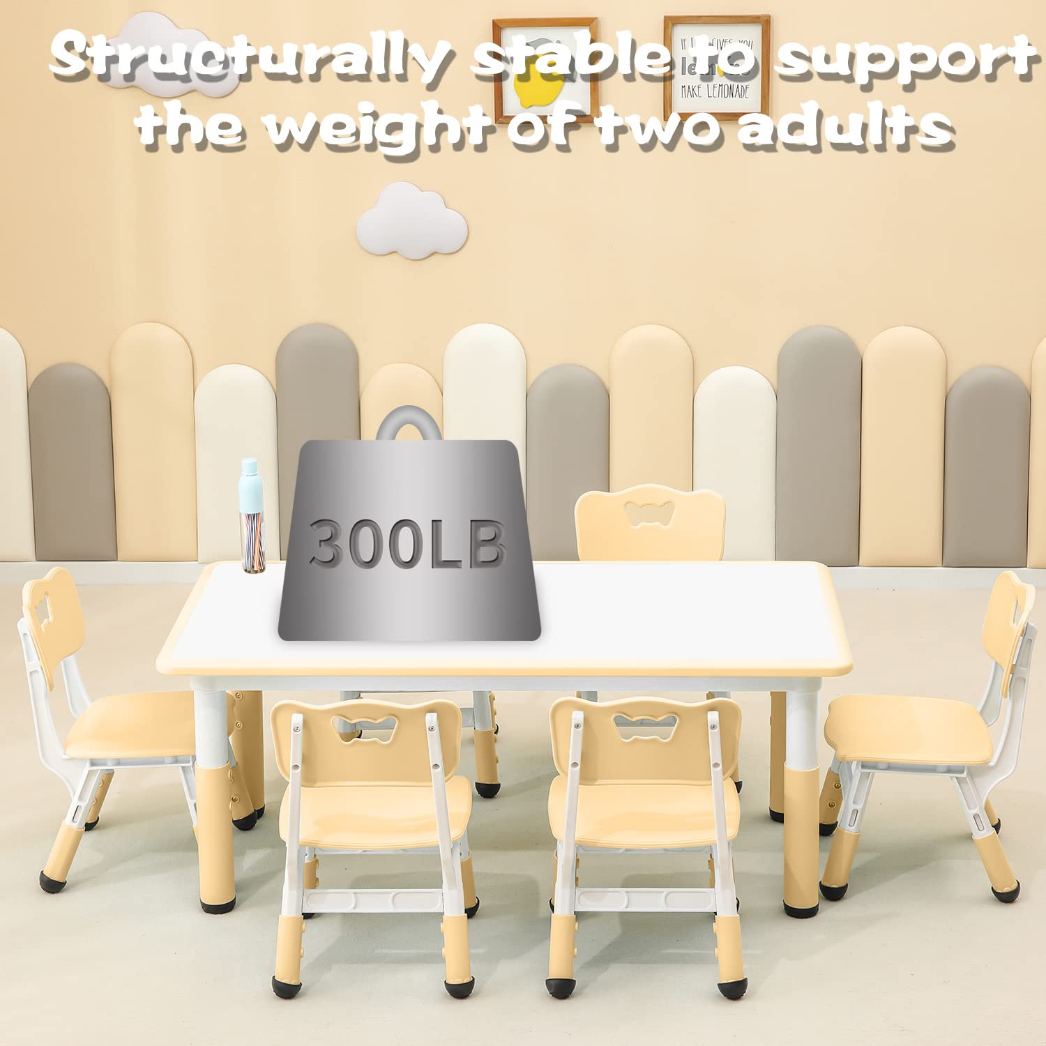 includes 1 desk and 6 chairs ready for assembly