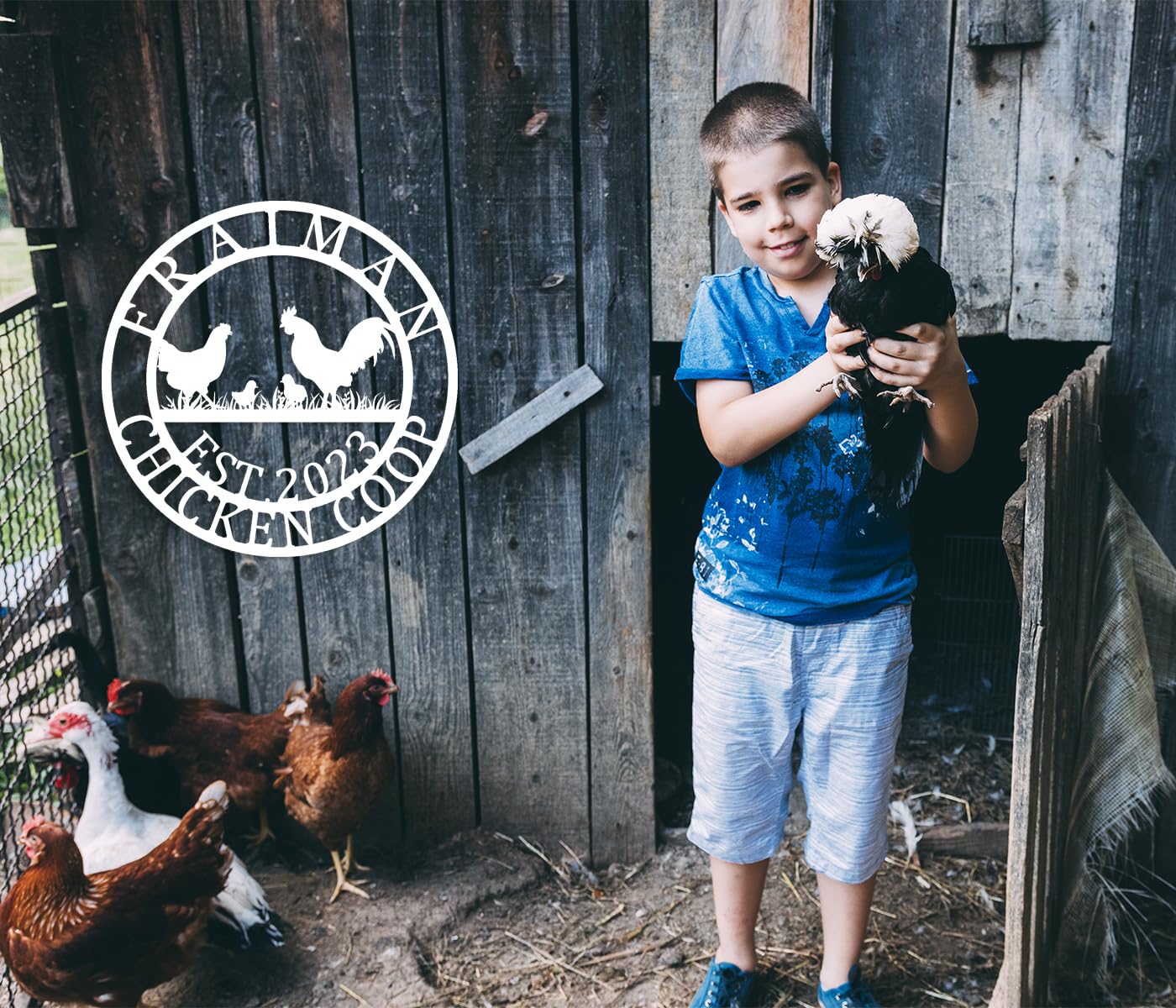 Farmhouse chicken sign with customizable last name and date