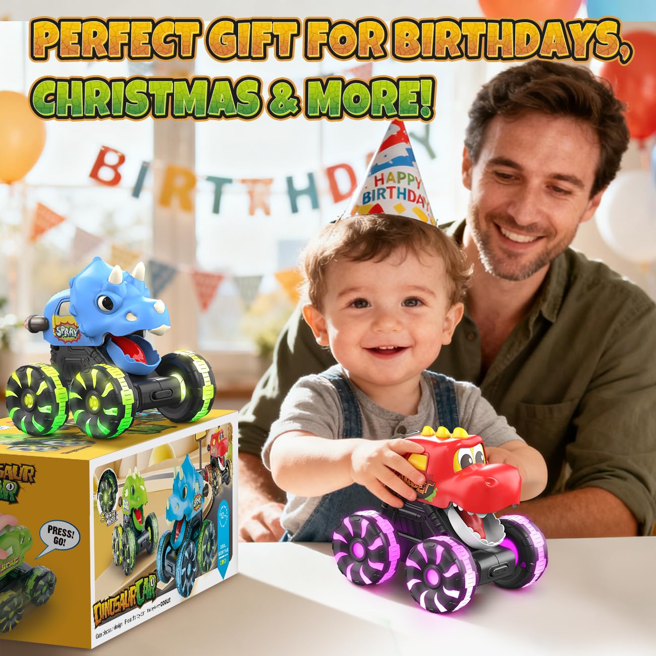 Press and pull-back action dinosaur trucks without heavy setup