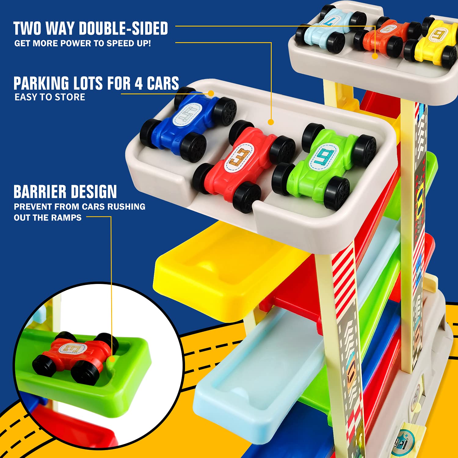 Car ramp toy set with 6 cars for toddlers age 2 to 3