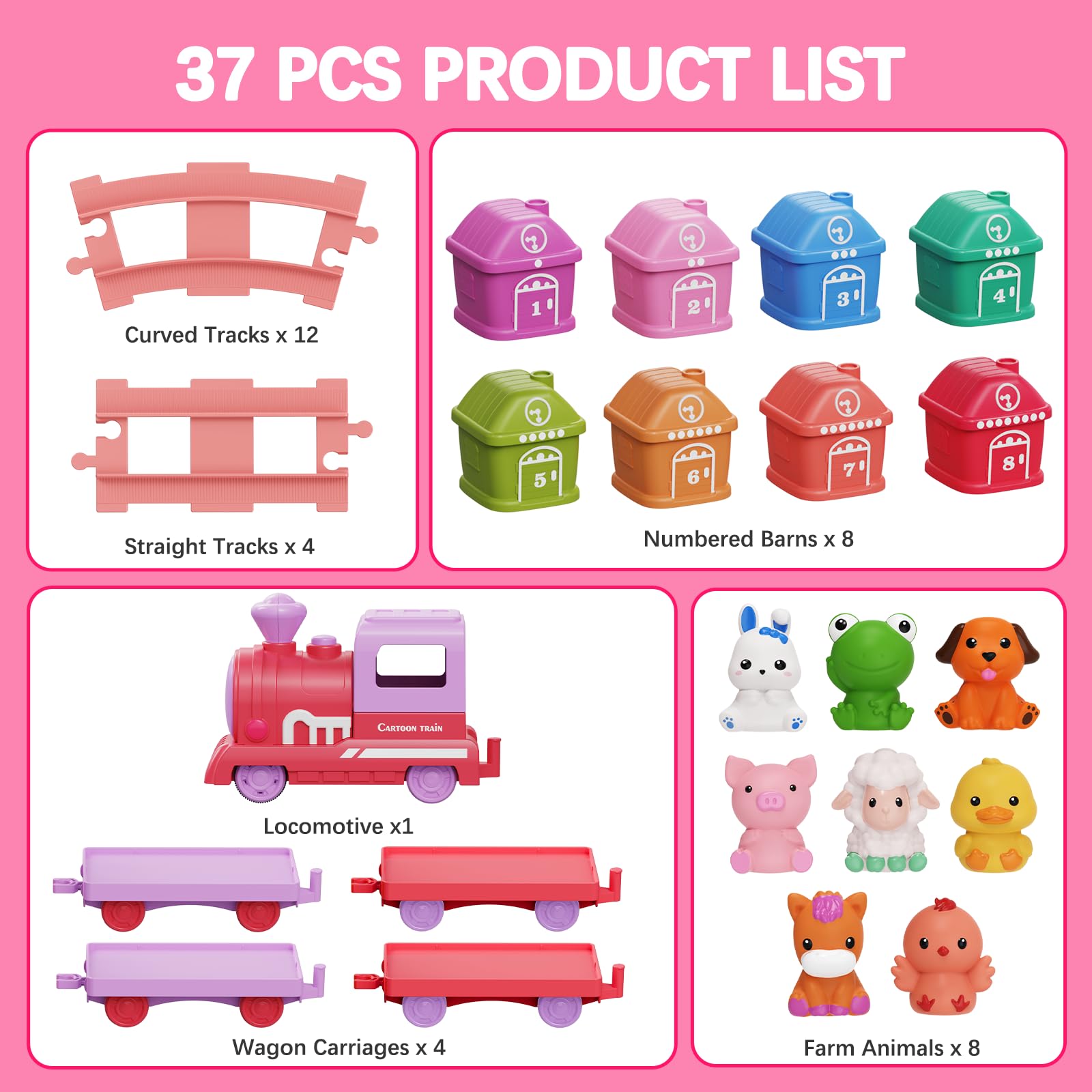 Montessori learning toy with eight farm animal toys and numbered barns 1-8