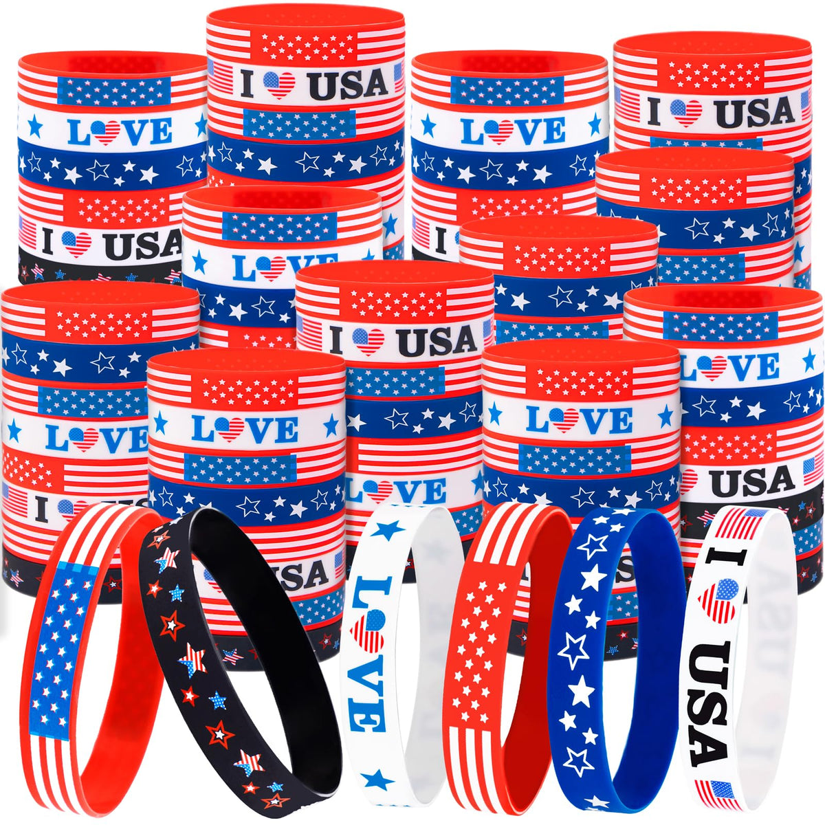 Moon Boat 144PCS patriotic silicone bracelets bulk pack