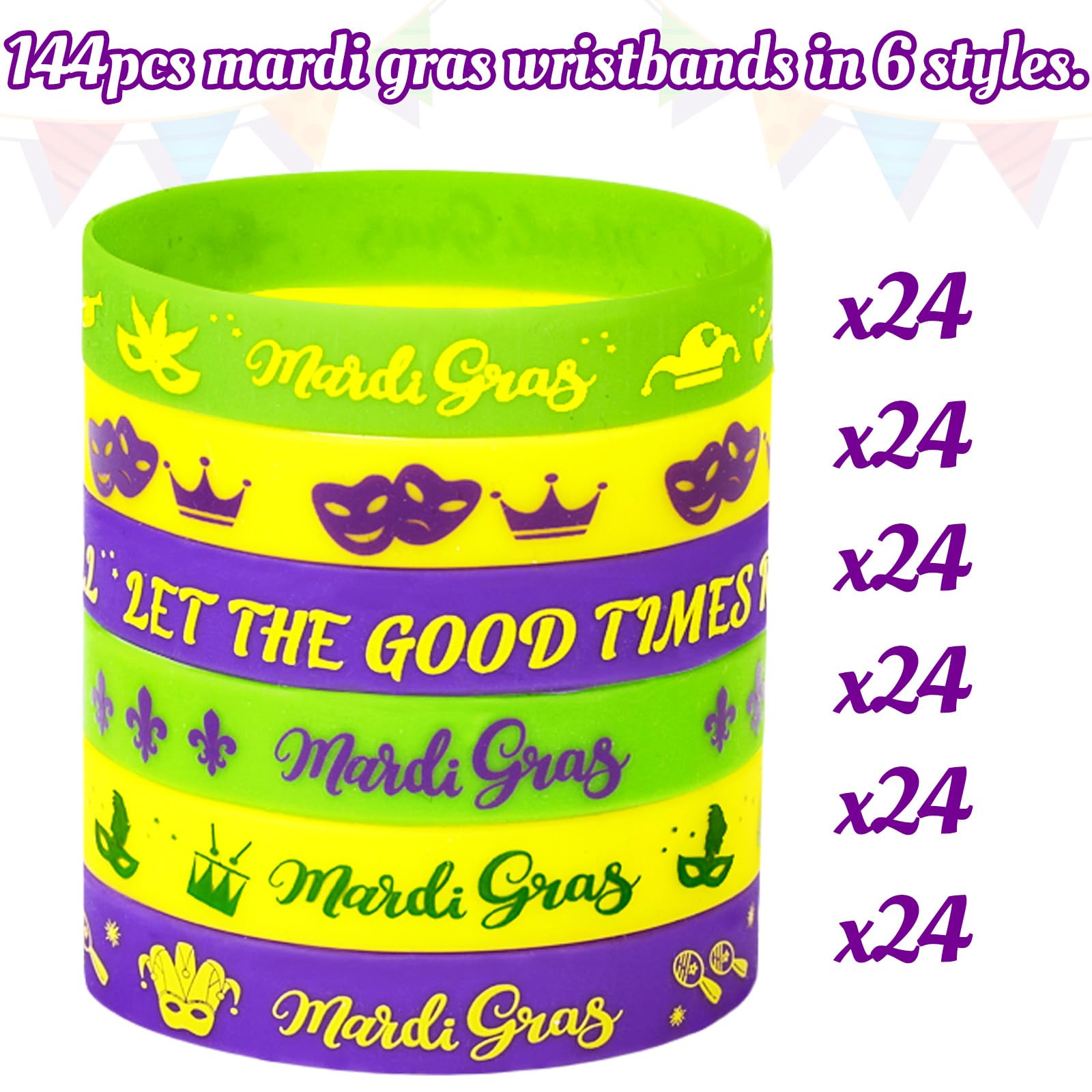 Purple green gold Mardi Gras colors on rubber bracelets