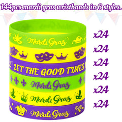 Purple green gold Mardi Gras colors on rubber bracelets