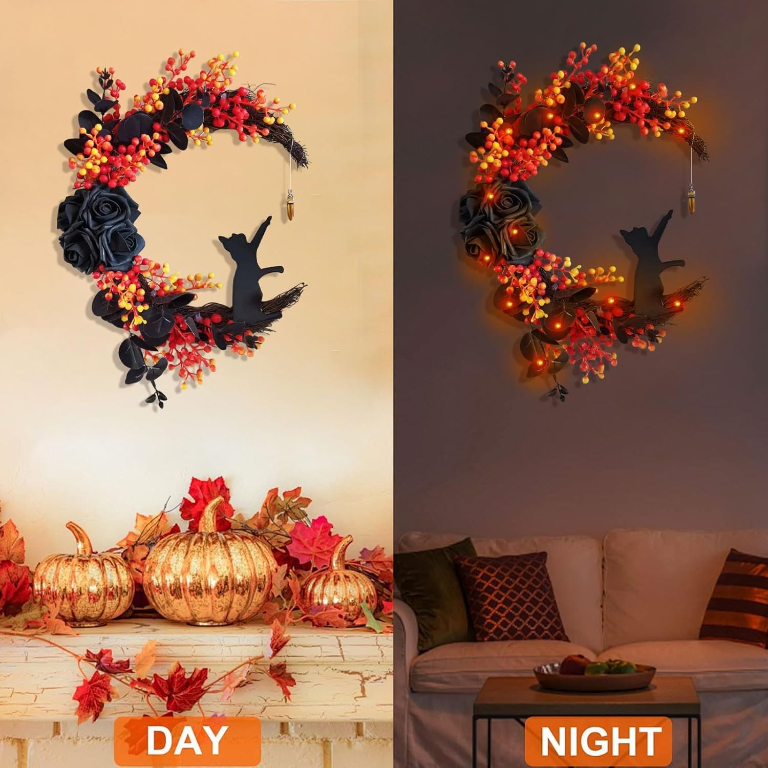 Moon and cat motif on Halloween wreath